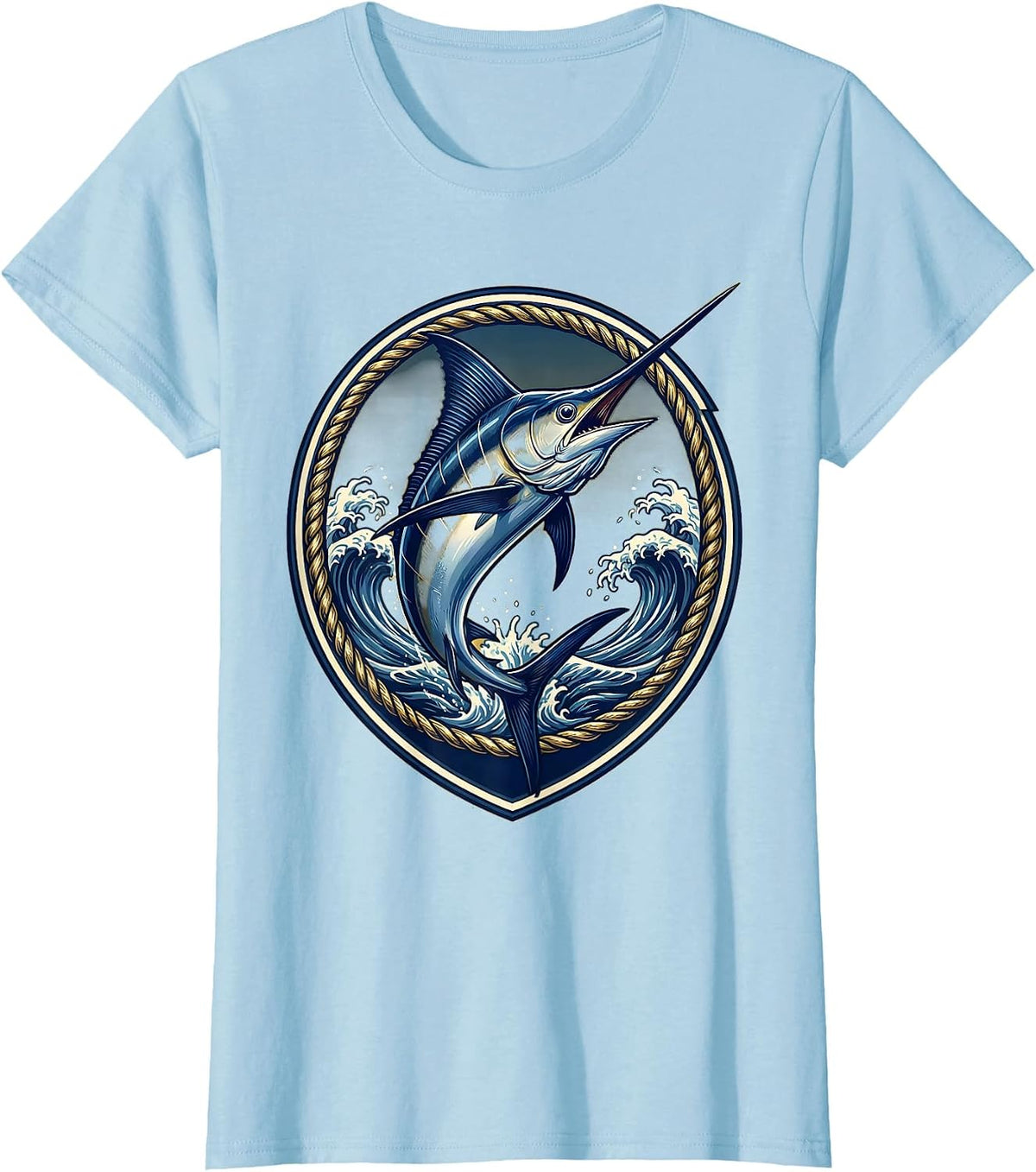 Marlin Leaping Over Ocean Waves Fishing Design T-Shirt - Baby Blue