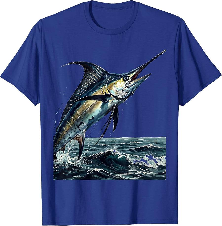 Mahi-Mahi Leaping Ocean Waves Caribbean Design T-Shirt - Royal Blue