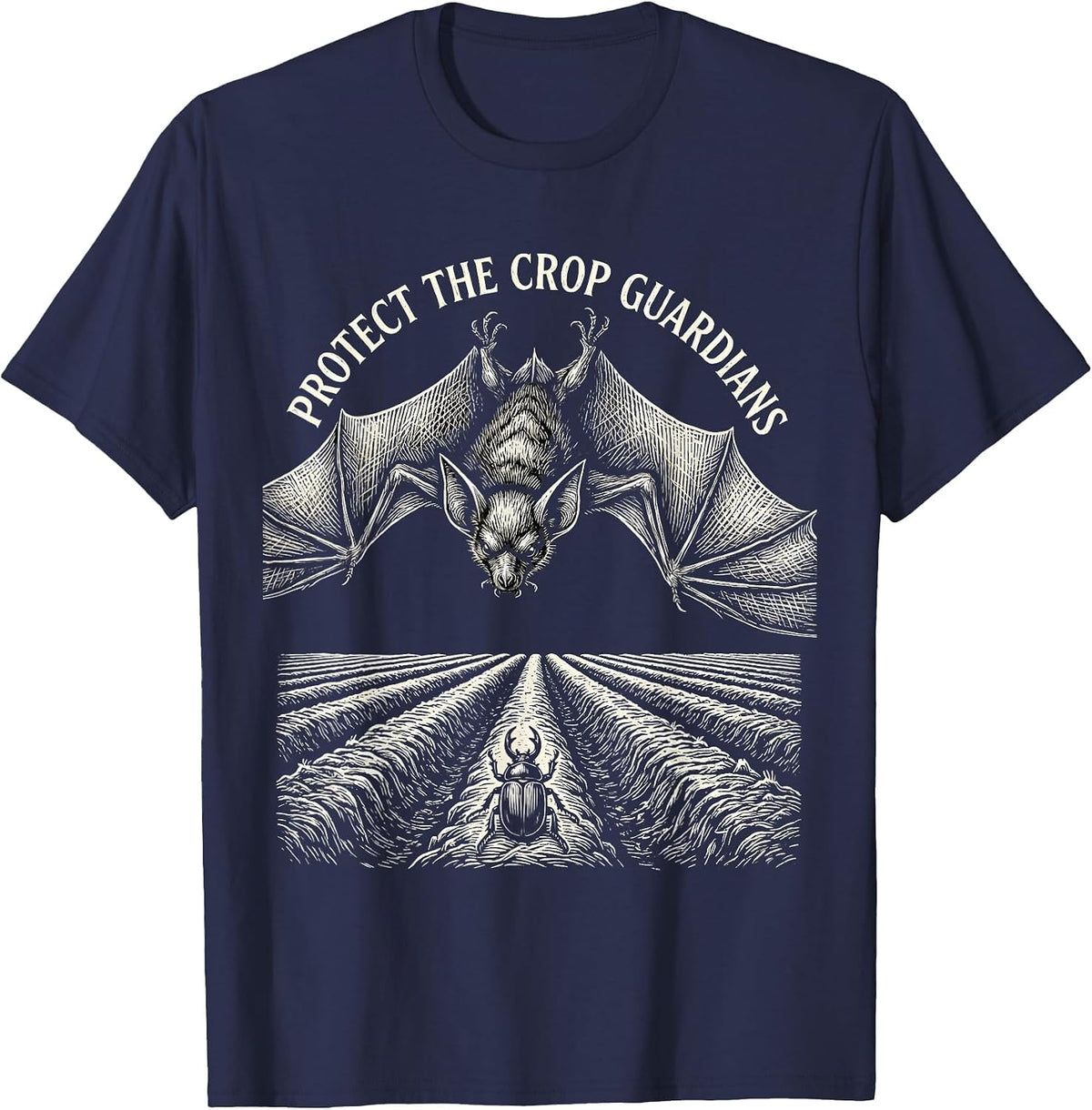 Protect The Crop Guardians Woodcut Engraving Bat Lover T-Shirt - Navy Blue