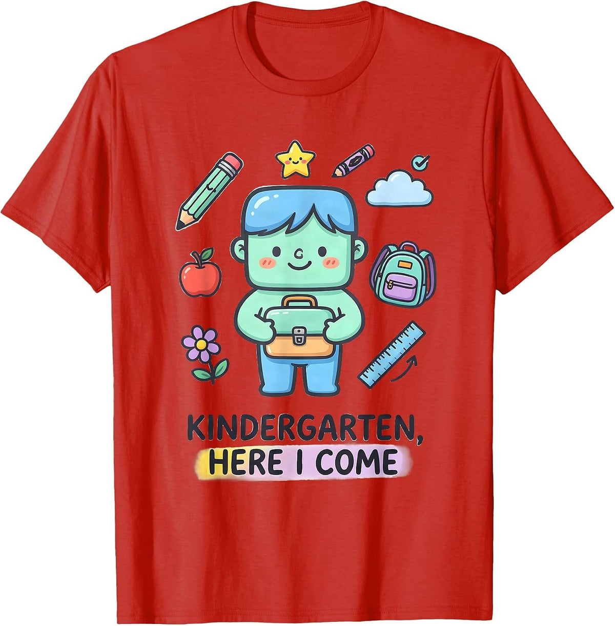 Men's Kindergarten, Here I Come Kawaii Doodle Teacher Back to T-Shirt - Red