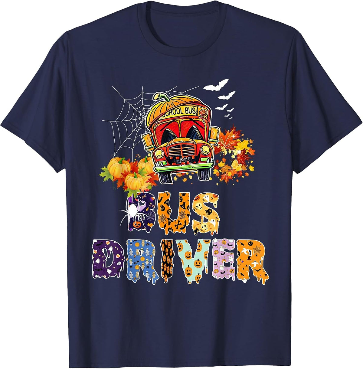 Bus Driver School Bus Halloween Costume with Pumpkin Men T-Shirt - Navy Blue
