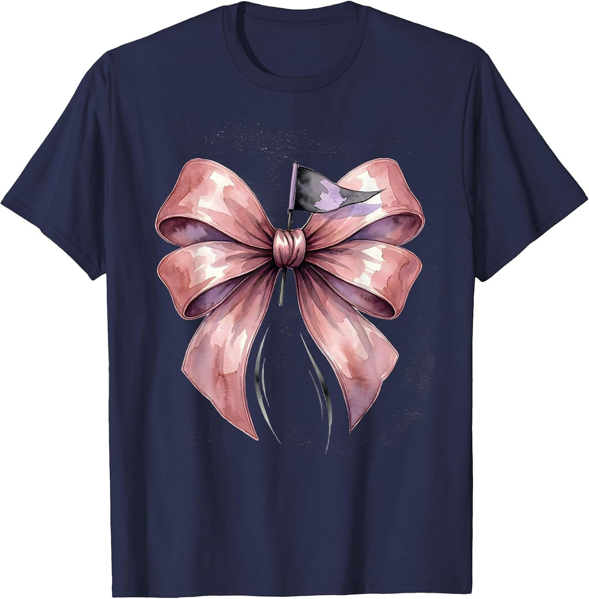 Loop-and-Tail Bow Watercolor Coquette Girls Cute T-Shirt - Navy Blue