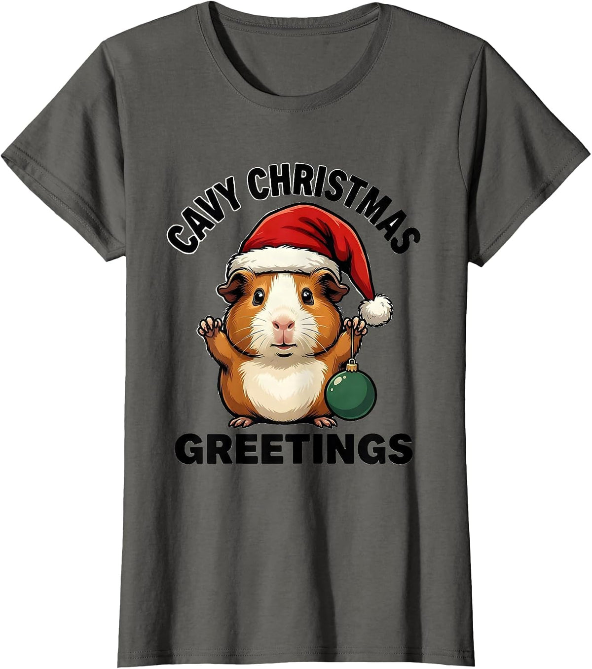 Women's Cavy Christmas Greetings Cartoon Guinea Pig Santa Hat Humor T-Shirt - Asphalt Grey