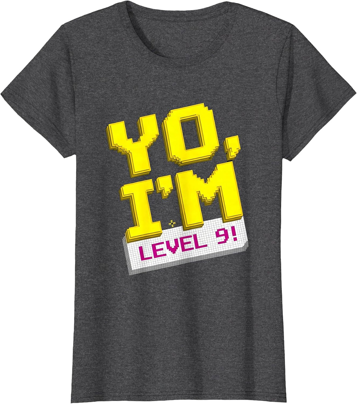 Women's Yo, I'm Level 9! Pixel Art Gamer Birthday Party 9 Year Old T-Shirt - Dark Heather Grey
