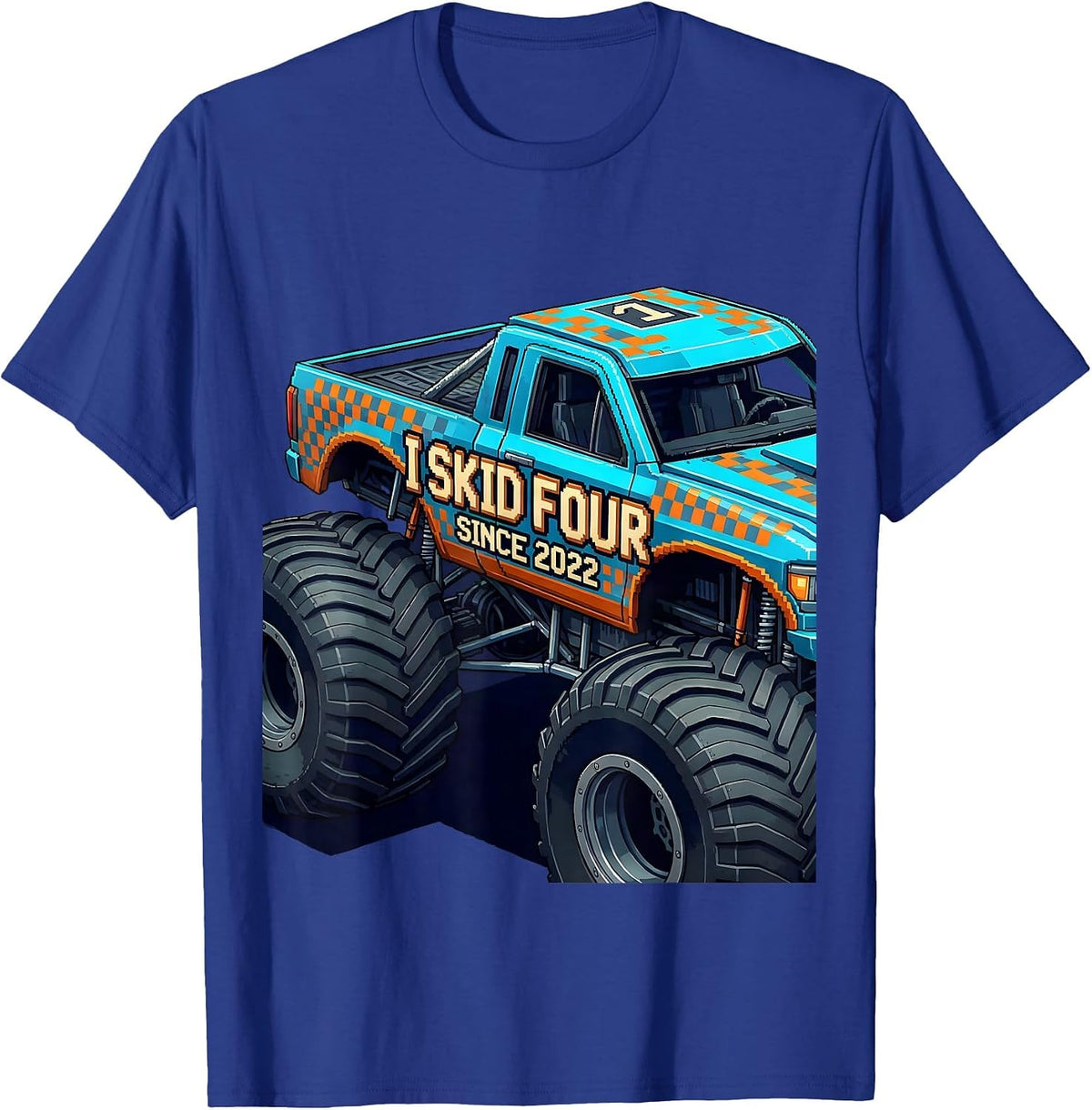 Men's I Skid Four Since 2022 Pixel Art Monster Truck Birthday Boy T-Shirt - Royal Blue