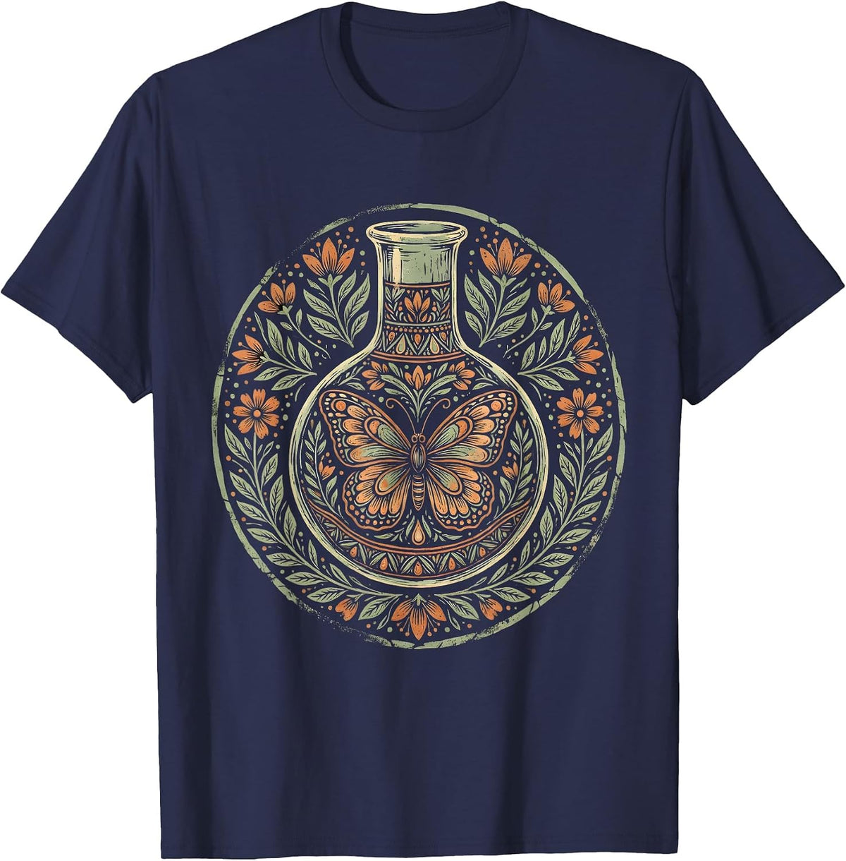 Men's Science Beaker Butterfly Illustration Teacher Gift T-Shirt - Navy Blue