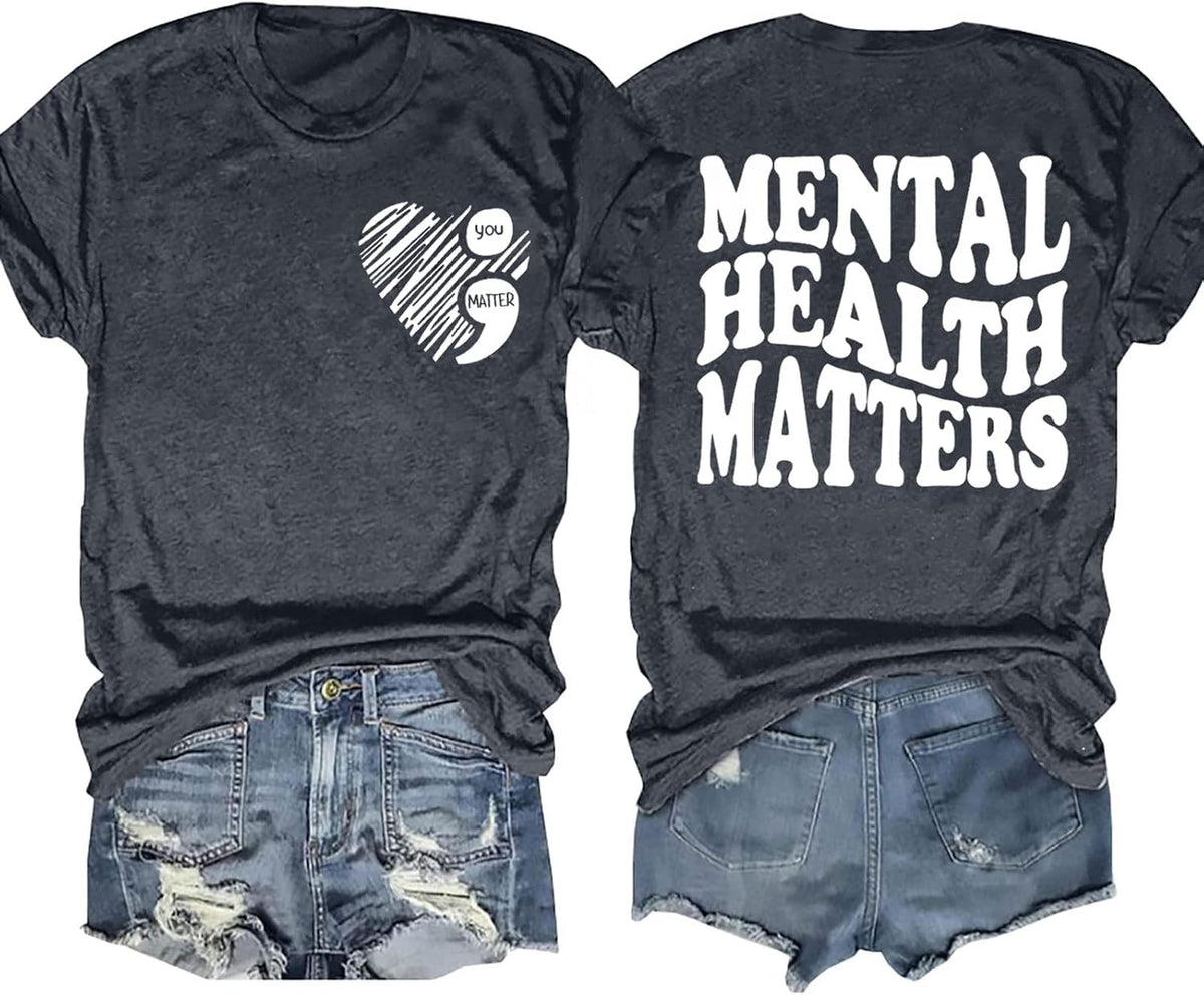 Mental Health Shirt Women Therapist Psychologist Shirts Inspirational Graphic Tees Motivational Gift Tops - Dark Grey