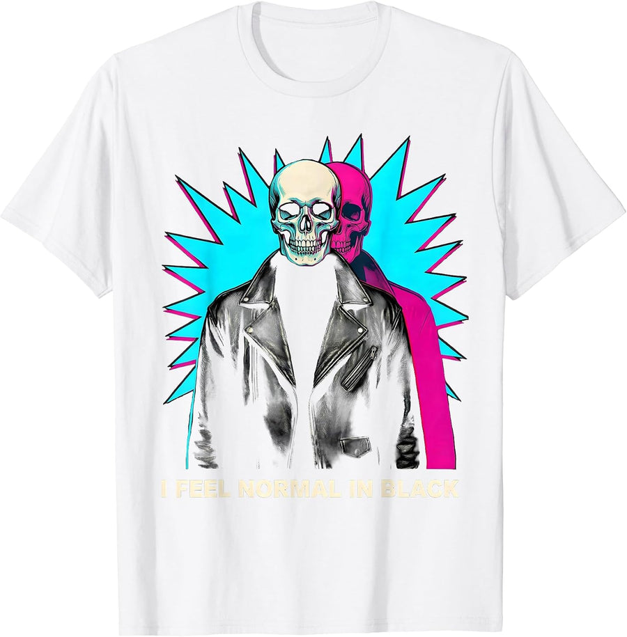 Men's I Feel Normal In Black Pop Art Goth Alt Skull Y2K Grunge T-Shirt - White