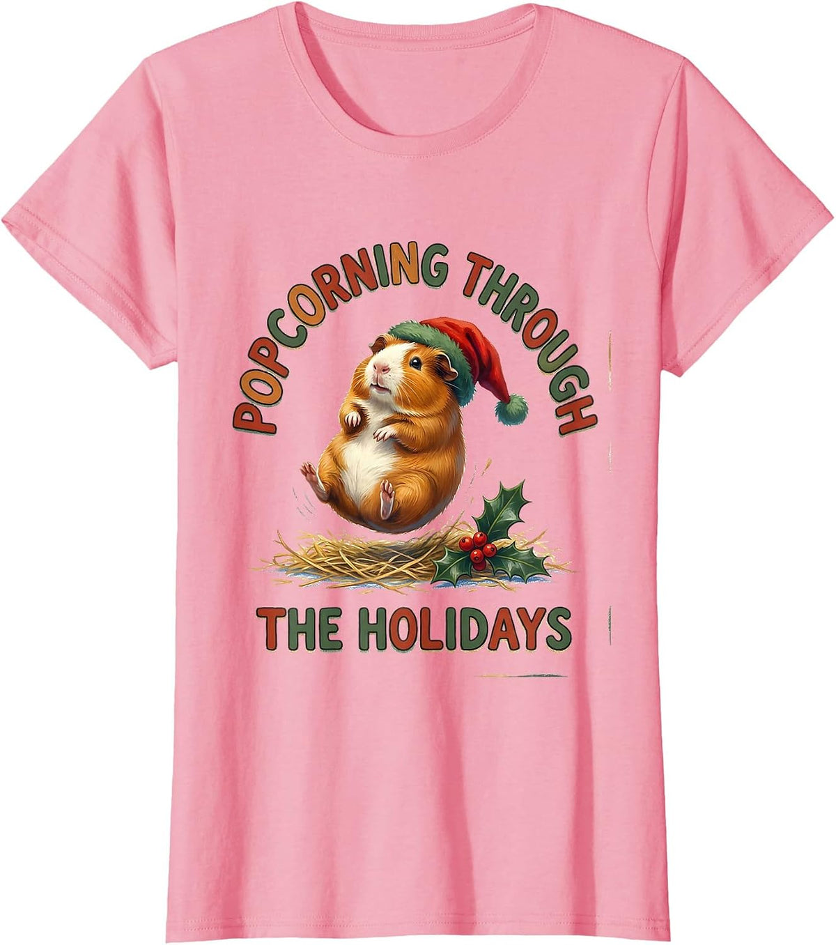 Women's Popcorning Through The Holidays Storybook Guinea Pig T-Shirt - Pink
