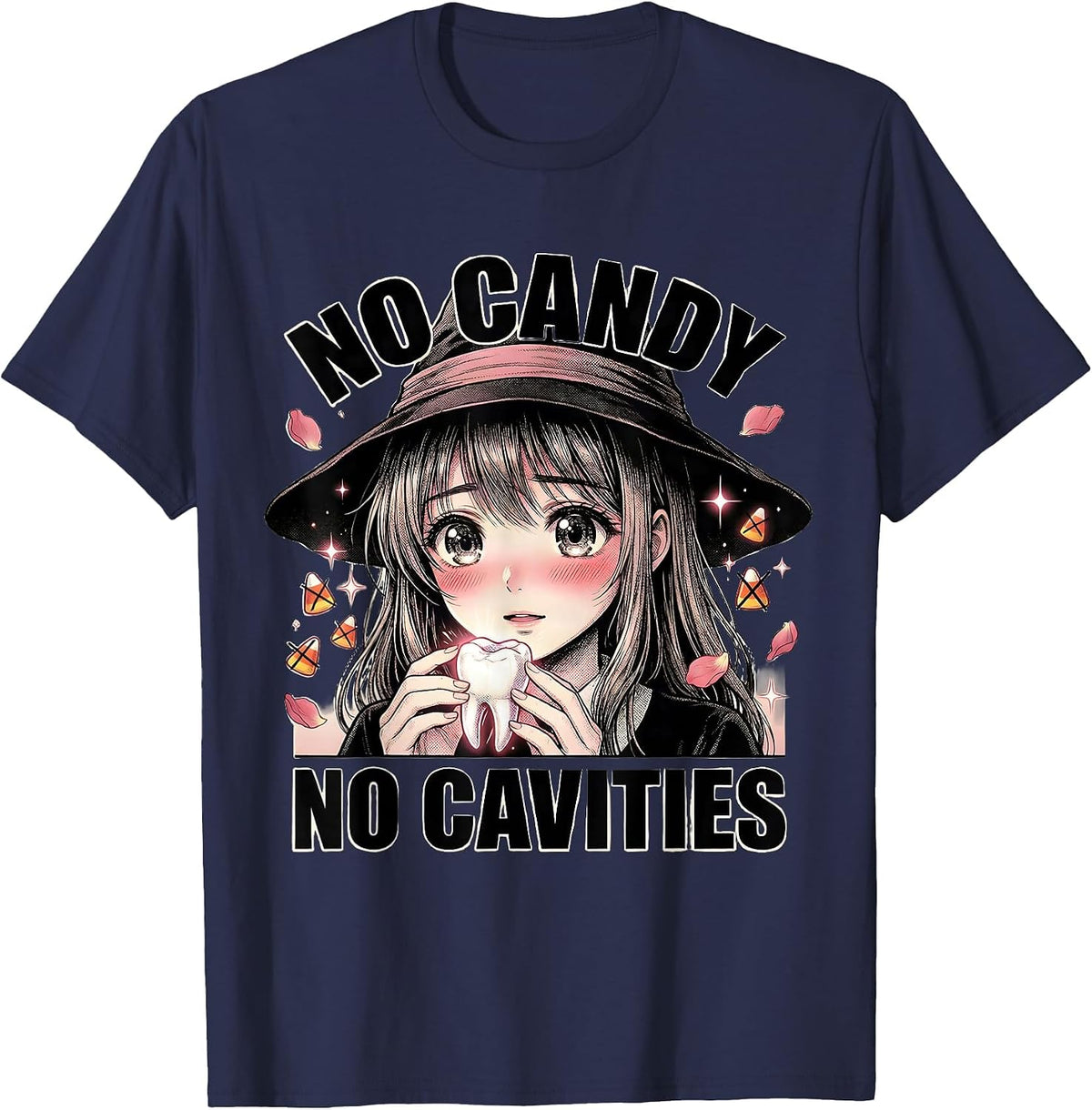 Men's No Candy No Cavities Halloween Dental Design T-Shirt - Navy Blue
