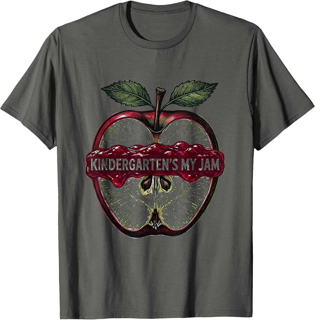 Kindergarten's My Jam Linocut Strawberry Teacher Back T-Shirt - Asphalt Grey
