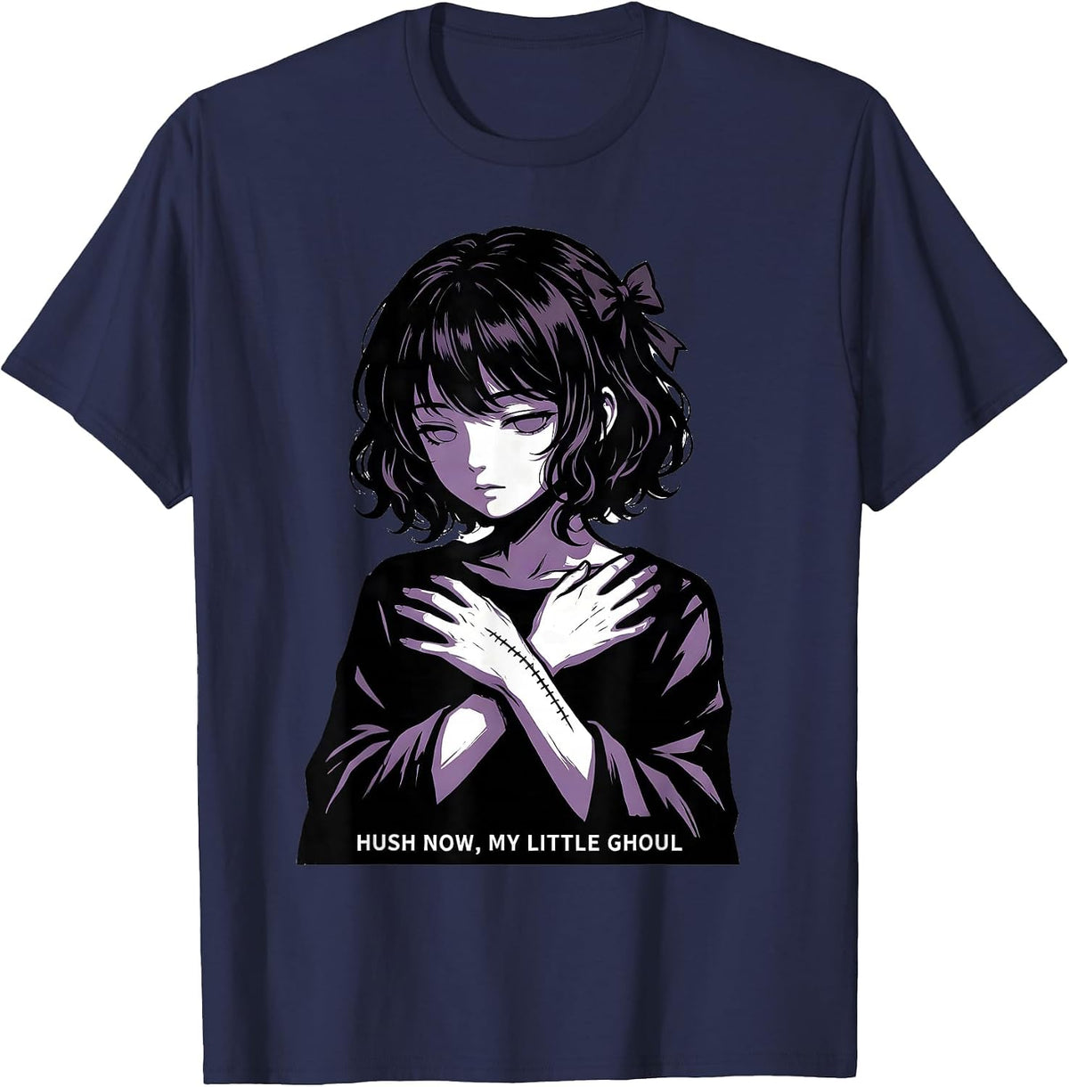 Hush Now, My Little Ghoul Gothic Kawaii Horror Anime Girl T-Shirt - Navy Blue