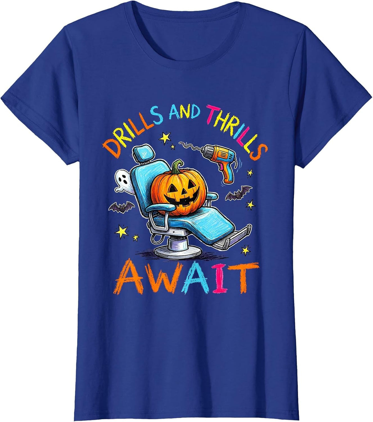 Women's Halloween Haunted Dental Chair Drills and Thrills Design T-Shirt - Royal Blue