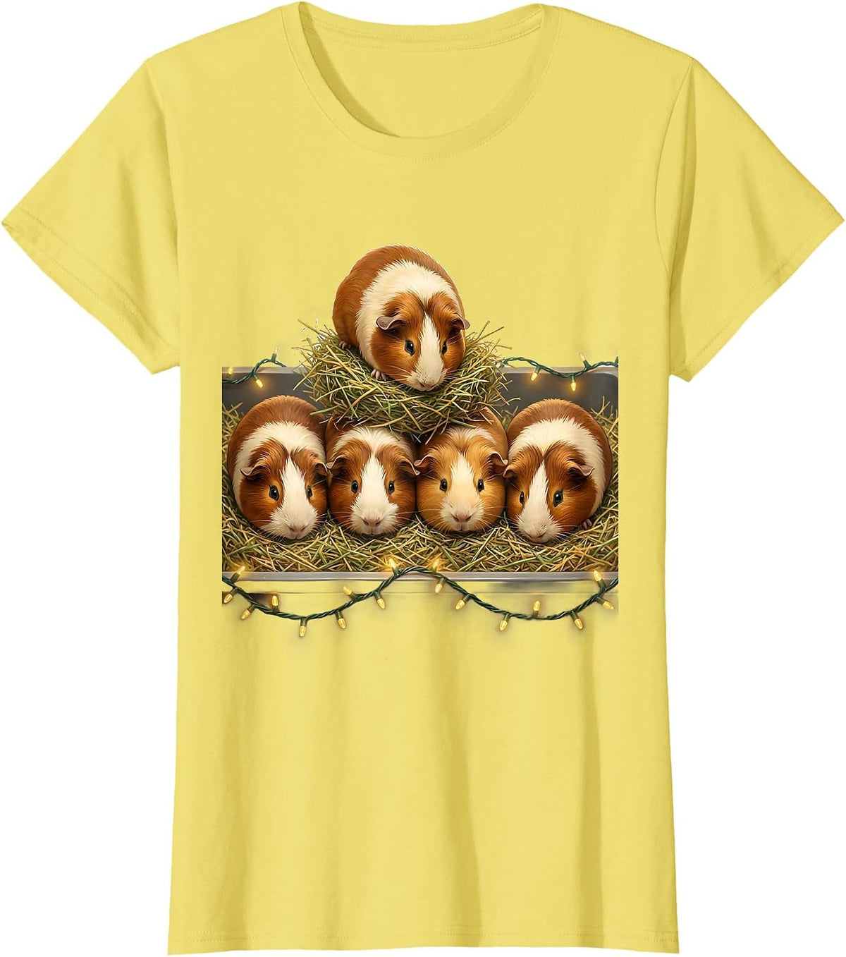 Women's Guinea Pig Christmas Lights Pet Lover Holiday Humor T-Shirt - Lemon Yellow