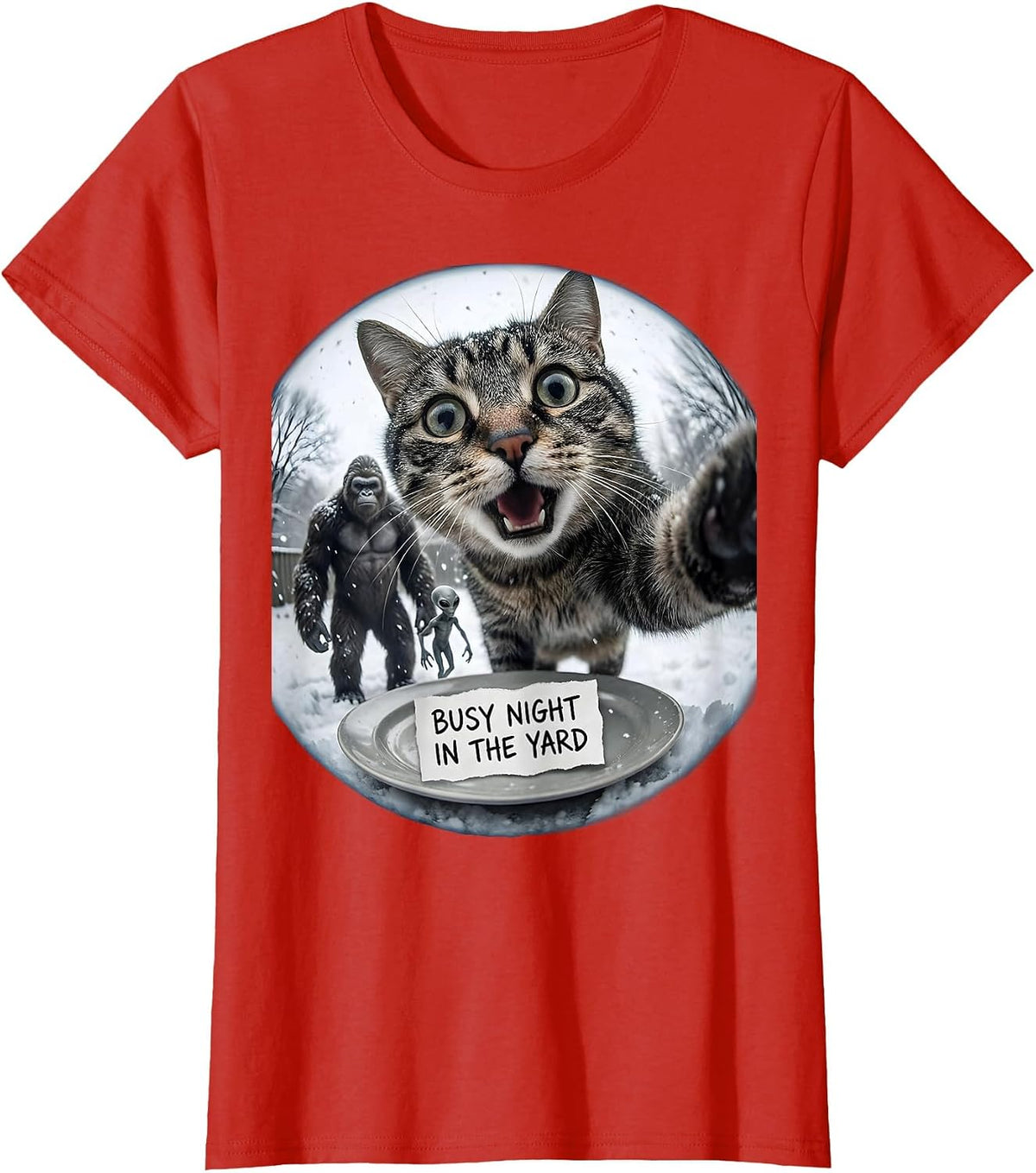 Women's Busy Night In The Yard Funny Cat Bigfoot Alien Meme Humor T-Shirt - Red