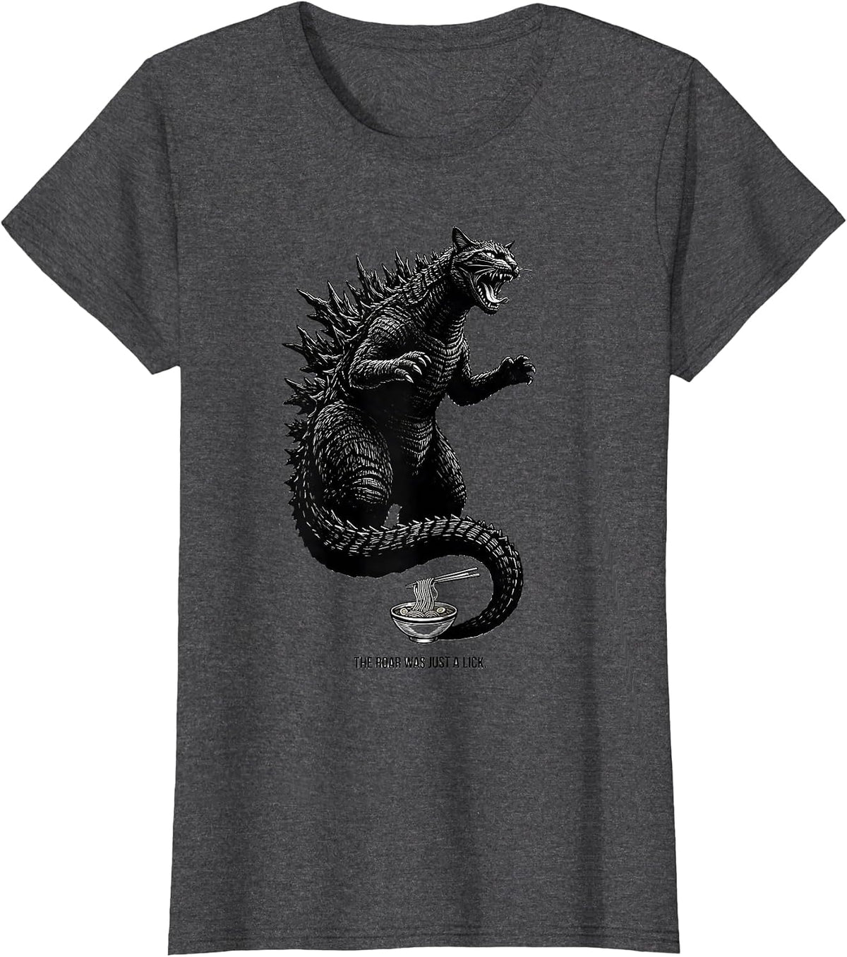 Women's The Roar Was Just A Lick Funny Cat Japanese Art Kaiju Ramen T-Shirt - Dark Heather Grey