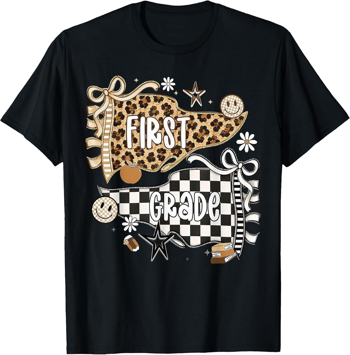 First Grade Leopard Teacher Pennant Flag Back to School T-Shirt - Black