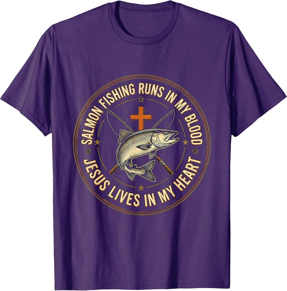 Men's Salmon Fishing Runs In My Blood, Jesus Lives In My Heart T-Shirt - Purple