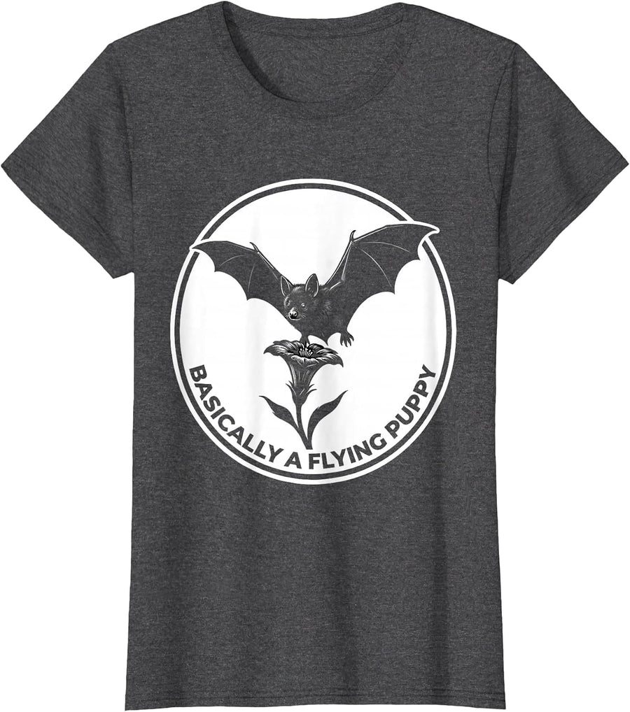 Women's Basically A Flying Puppy Funny Bat Lover Wildlife T-Shirt - Dark Heather Grey