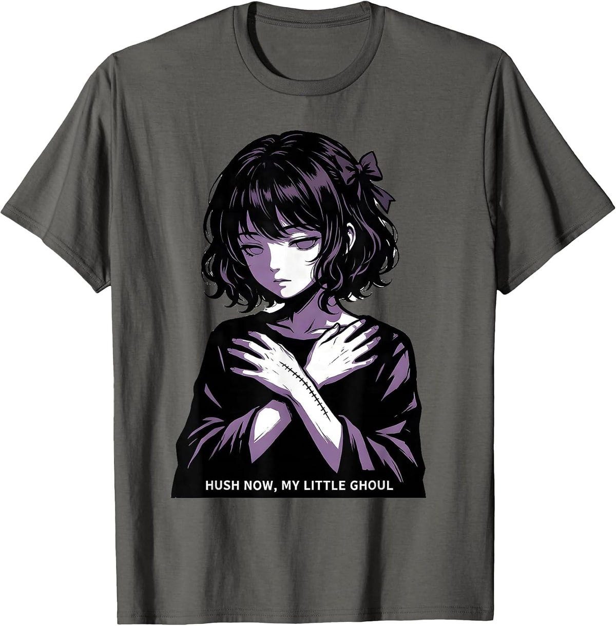 Hush Now, My Little Ghoul Gothic Kawaii Horror Anime Girl T-Shirt - Asphalt Grey