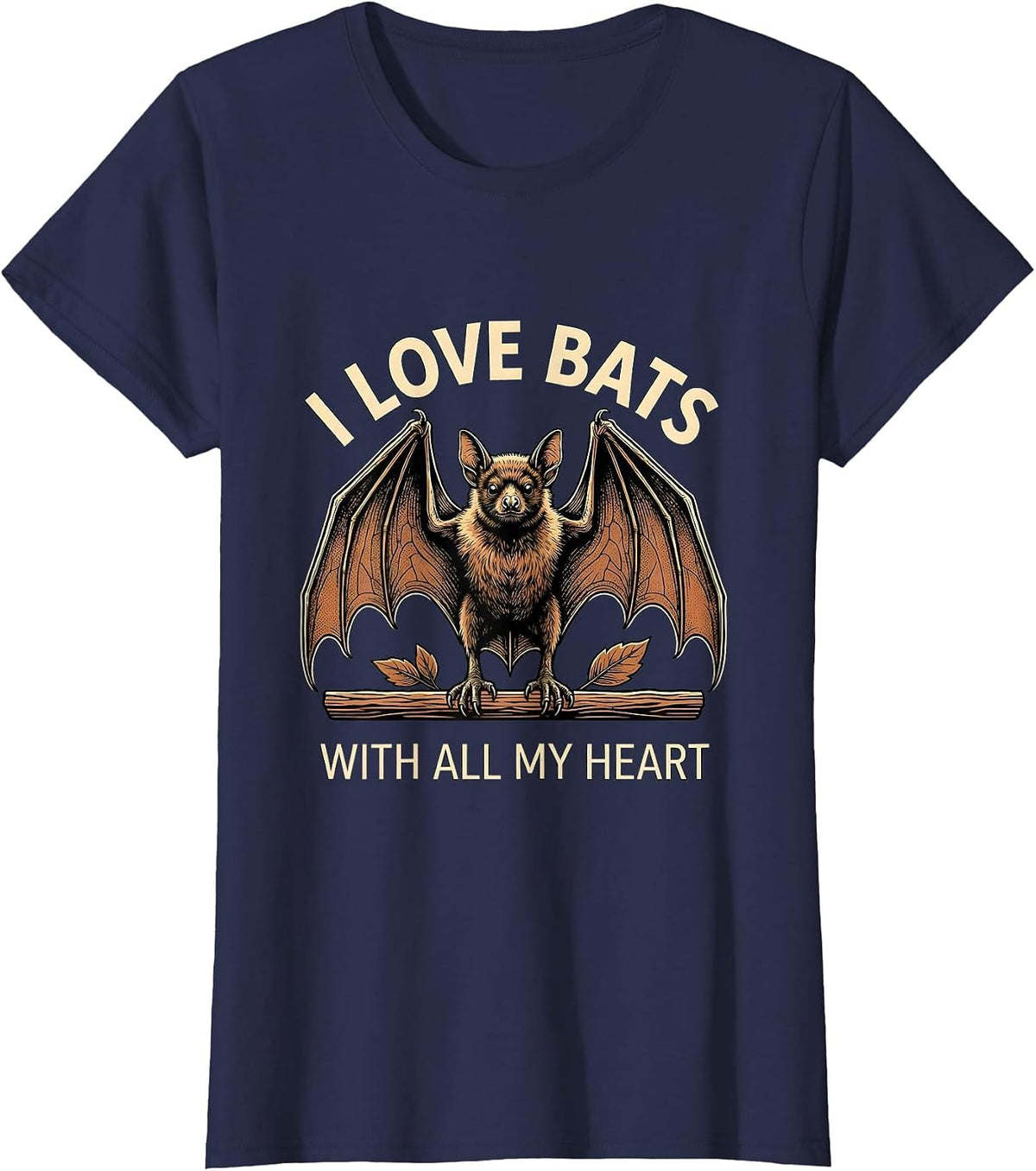 Women's I Love Bats With All My Heart Funny Bat Lover Wildlife T-Shirt - Navy Blue