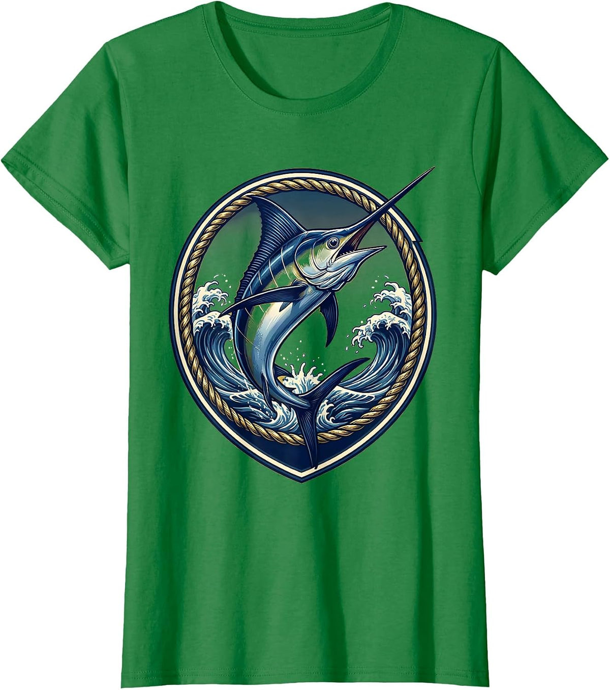 Marlin Leaping Over Ocean Waves Fishing Design T-Shirt - Kelly Green