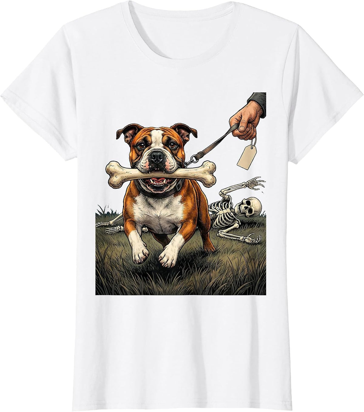 Bull Terrier Steals Bone Funny Skeleton Halloween Dog Mom T-Shirt - White