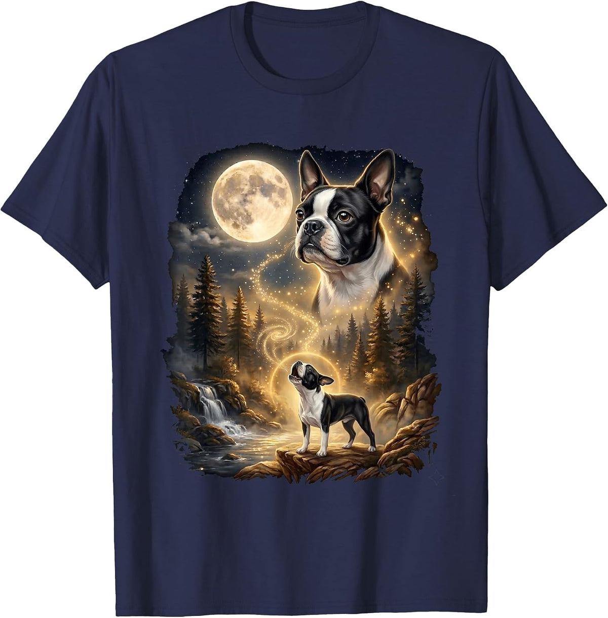 Boston Terrier Howling At The Moon Retro T-Shirt - Navy Blue