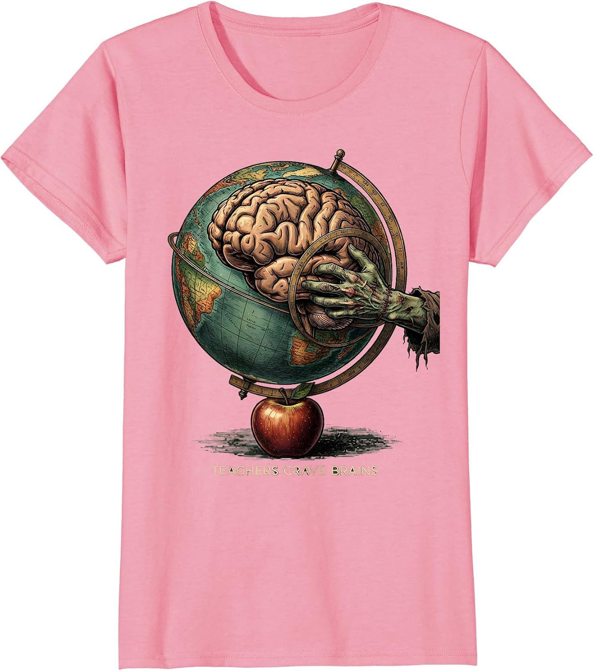 Women's Teachers Crave Brains Vintage Funny Zombie Teacher Halloween T-Shirt - Pink