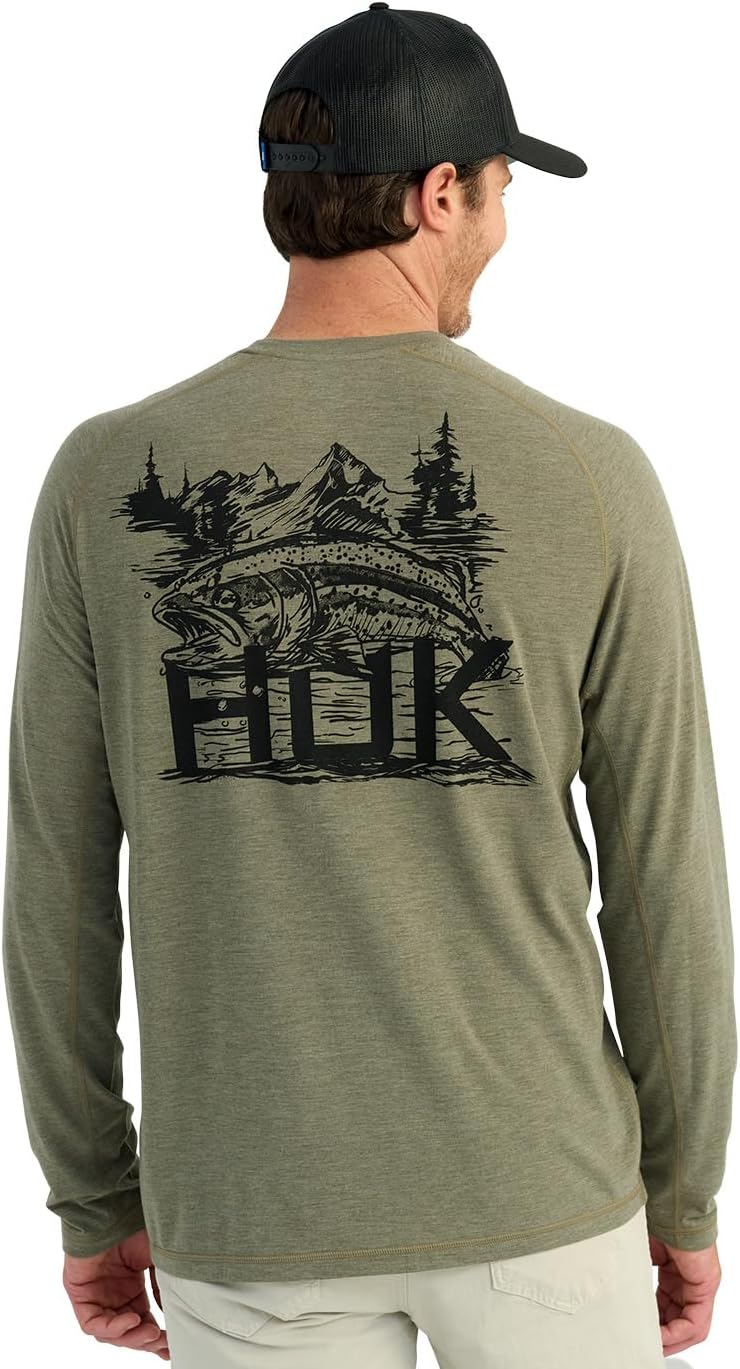 HUK Men's Drift Long Sleeve Lightweight Jersey Crew, Performance Fishing Shirt with UPF Sun Protection - Heather Moss