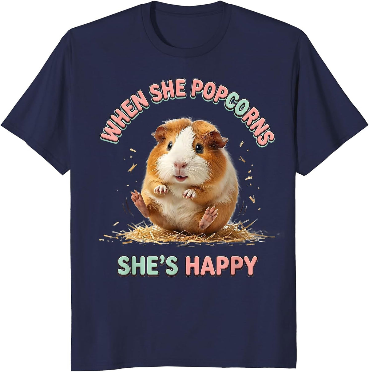 Men's When She Popcorns She's Happy Cute Kawaii Guinea Pig Pet T-Shirt - Navy Blue