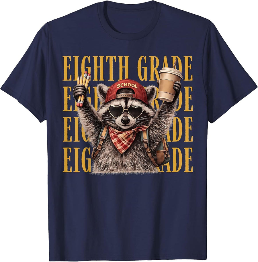 Funny Eighth Grade Teacher Feral Raccoon Back to School T-Shirt - Navy Blue