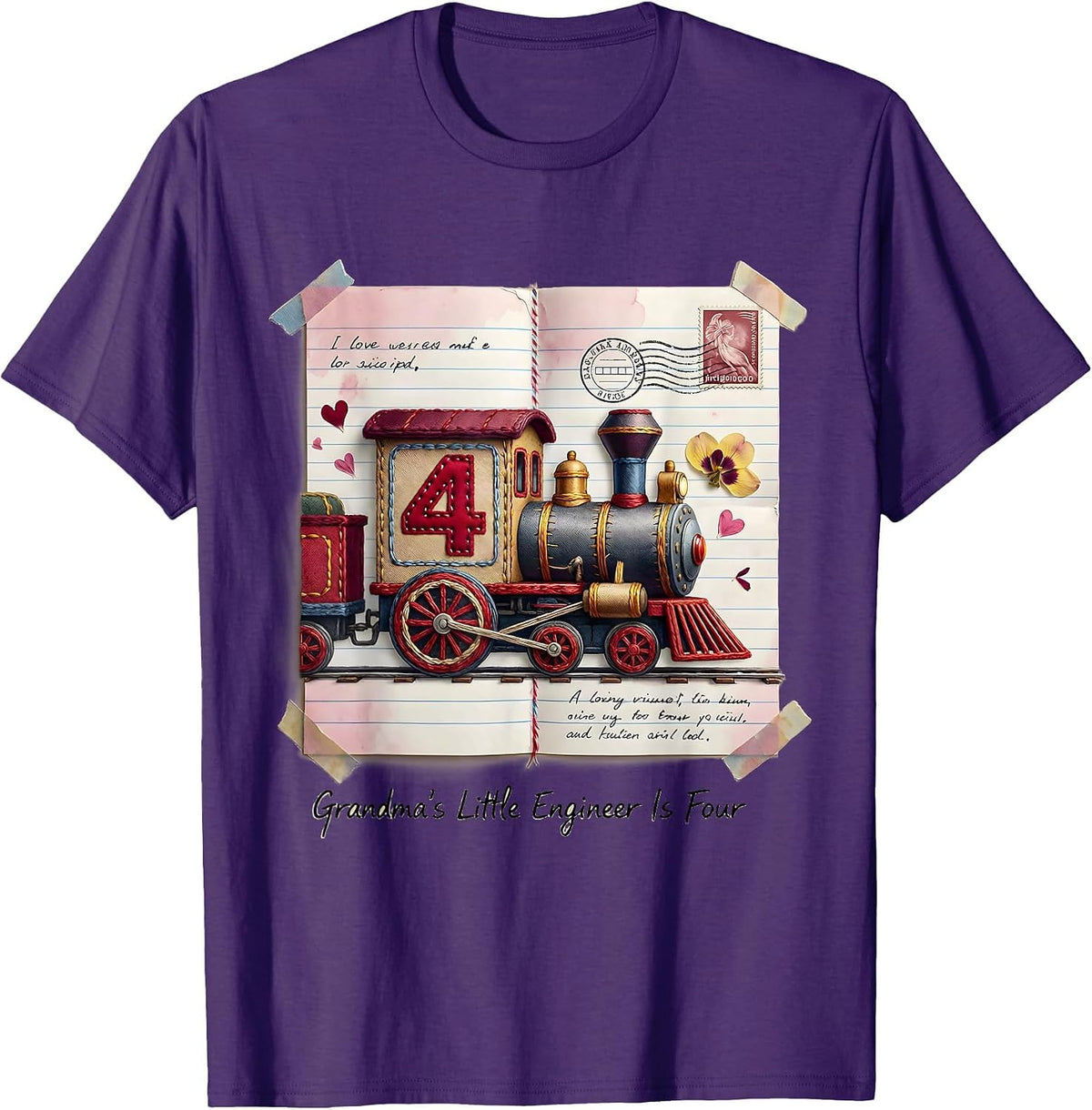 Grandma's Little Engineer Is Four Toddler Birthday Train T-Shirt - Purple