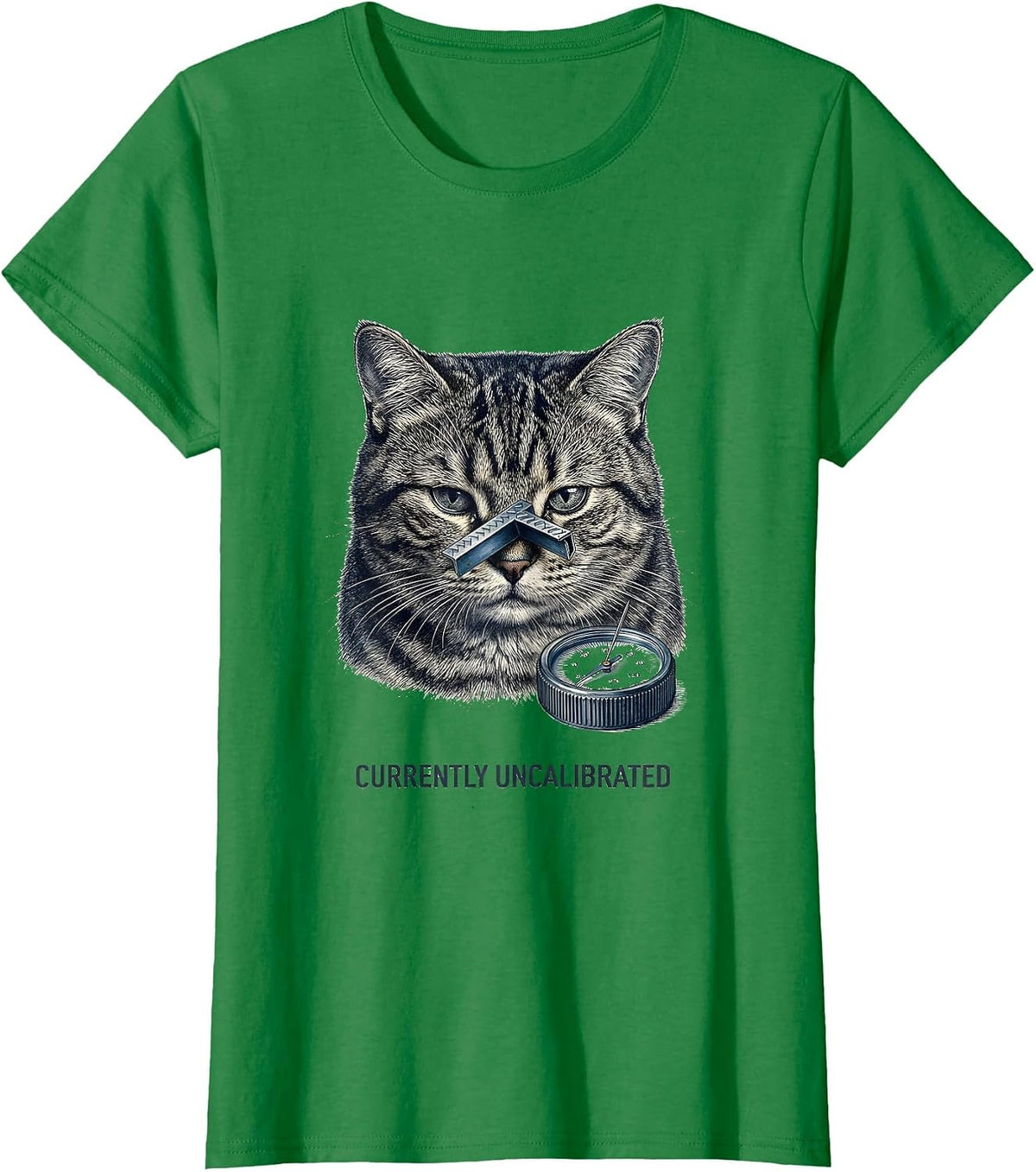 Women's Currently Uncalibrated Botanical Absurdist Cat Meme Parody T-Shirt - Kelly Green