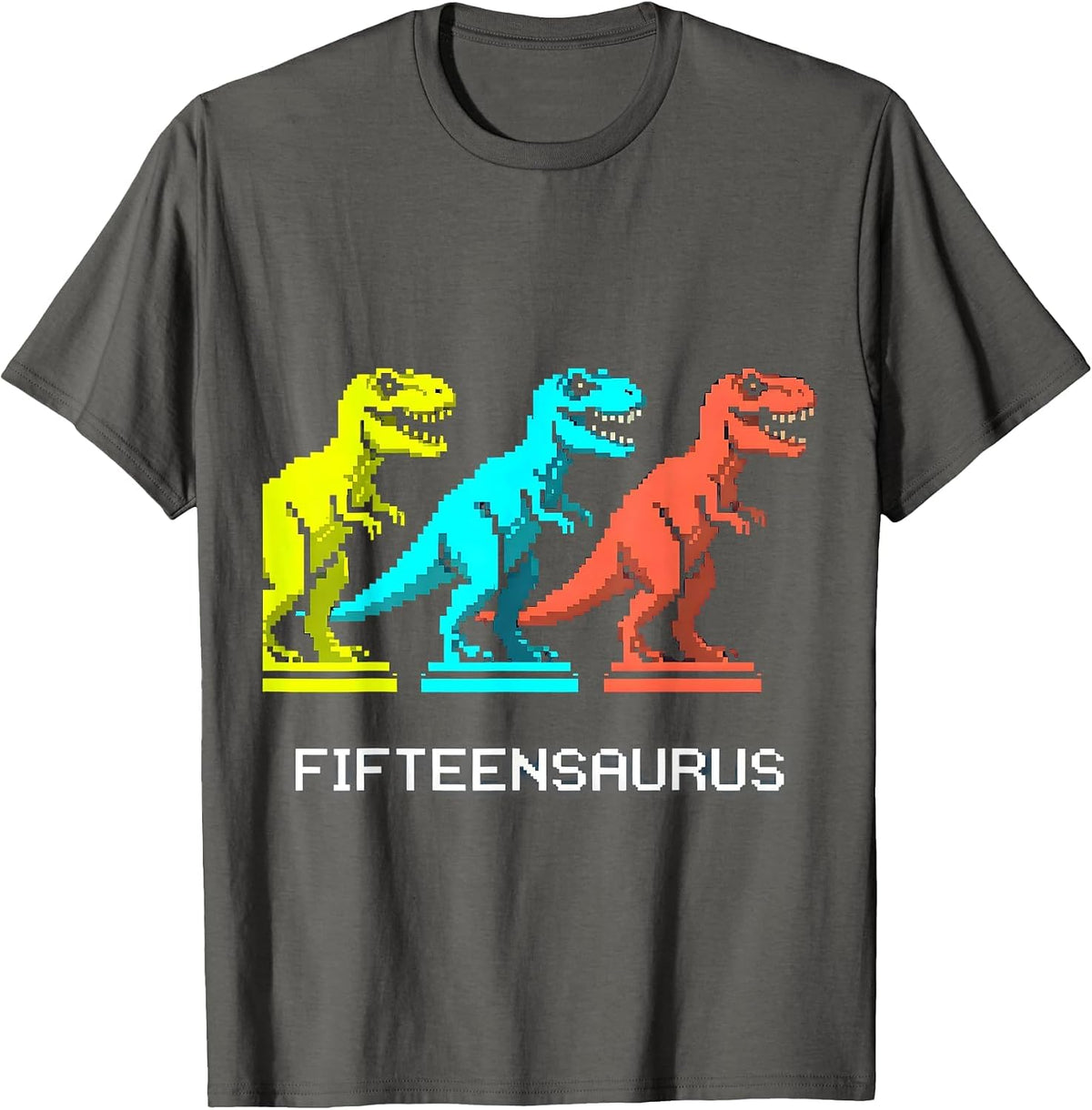 Fifteensaurus Pixel Art Dinosaur Family Humor ABC Learning T-Shirt - Asphalt Grey