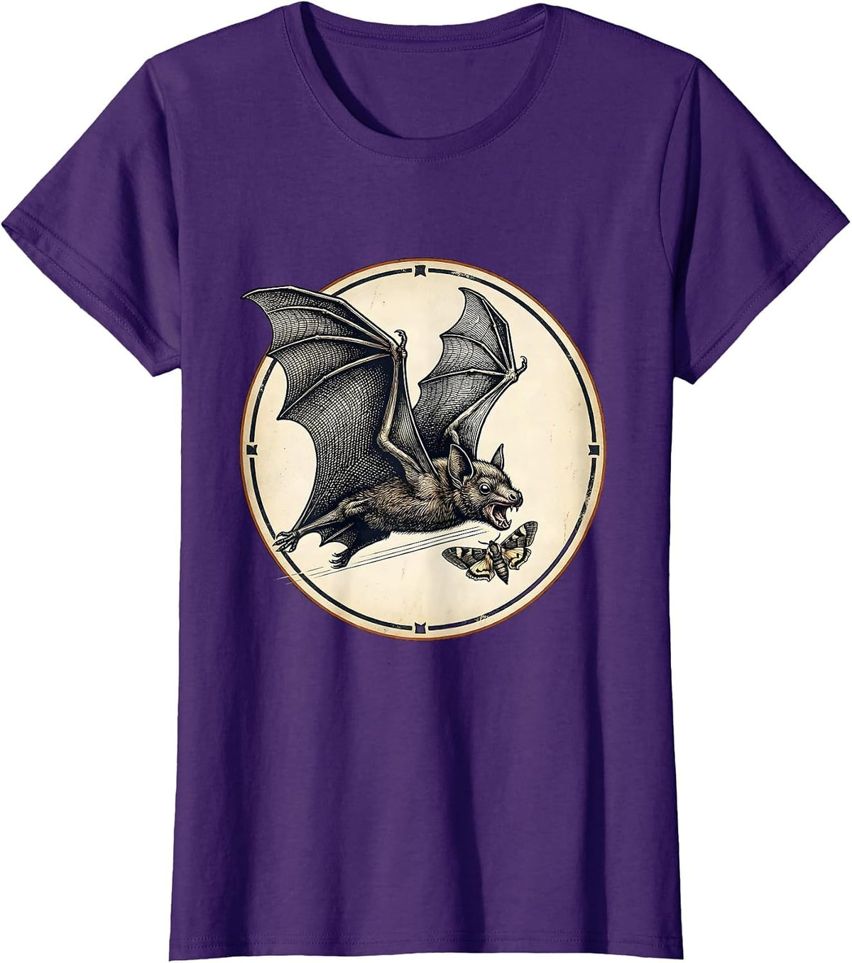Women's Vintage Bat Lover Halloween Nature Illustration T-Shirt - Purple