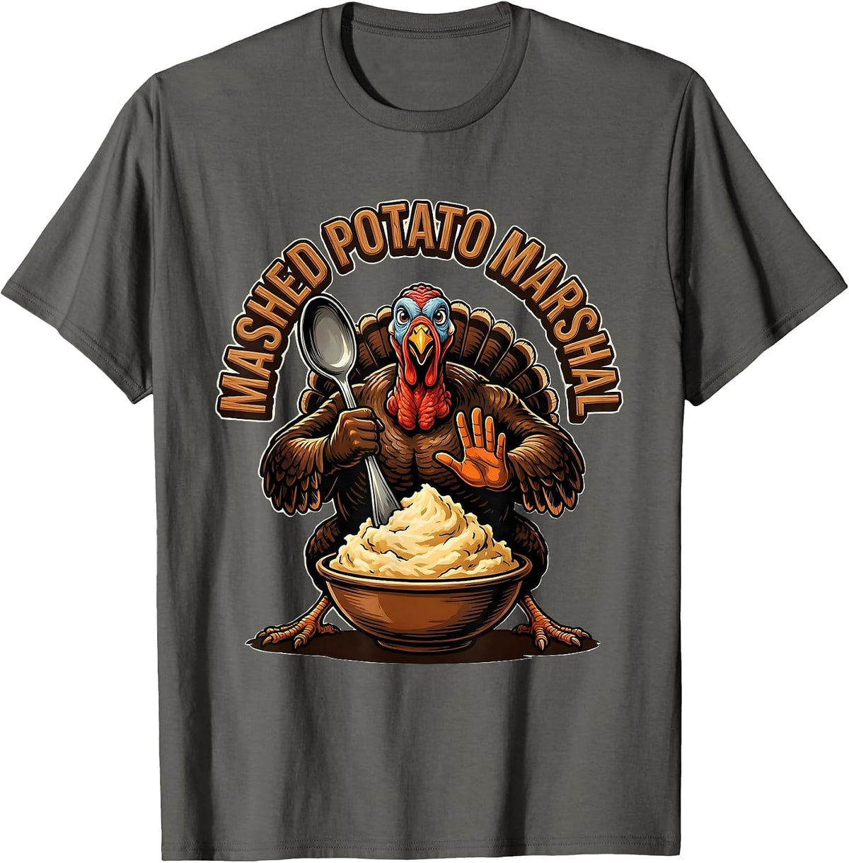 Men's Mashed Potato Marshal Funny Thanksgiving Family Crew Turkey T-Shirt - Asphalt Grey