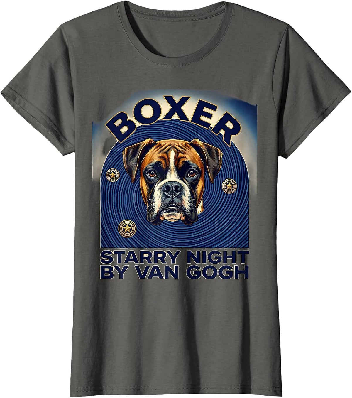 Women's Boxer Starry Night by Van Gogh Dog Portrait Art T-Shirt - Asphalt Grey