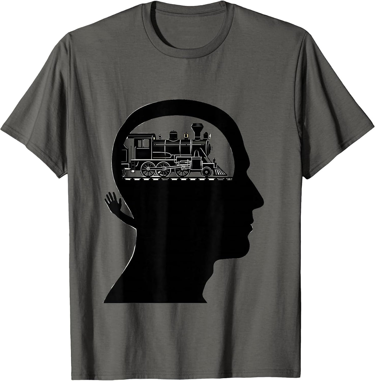 Men's Locomotive In Head Silhouette Funny Train Enthusiast T-Shirt - Asphalt Grey