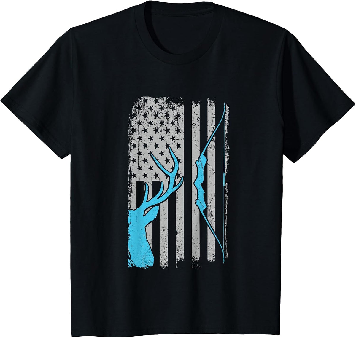 Recurve Bow Hunting - Whitetail Deer Hunter Archer USA Flag T-Shirt - Black