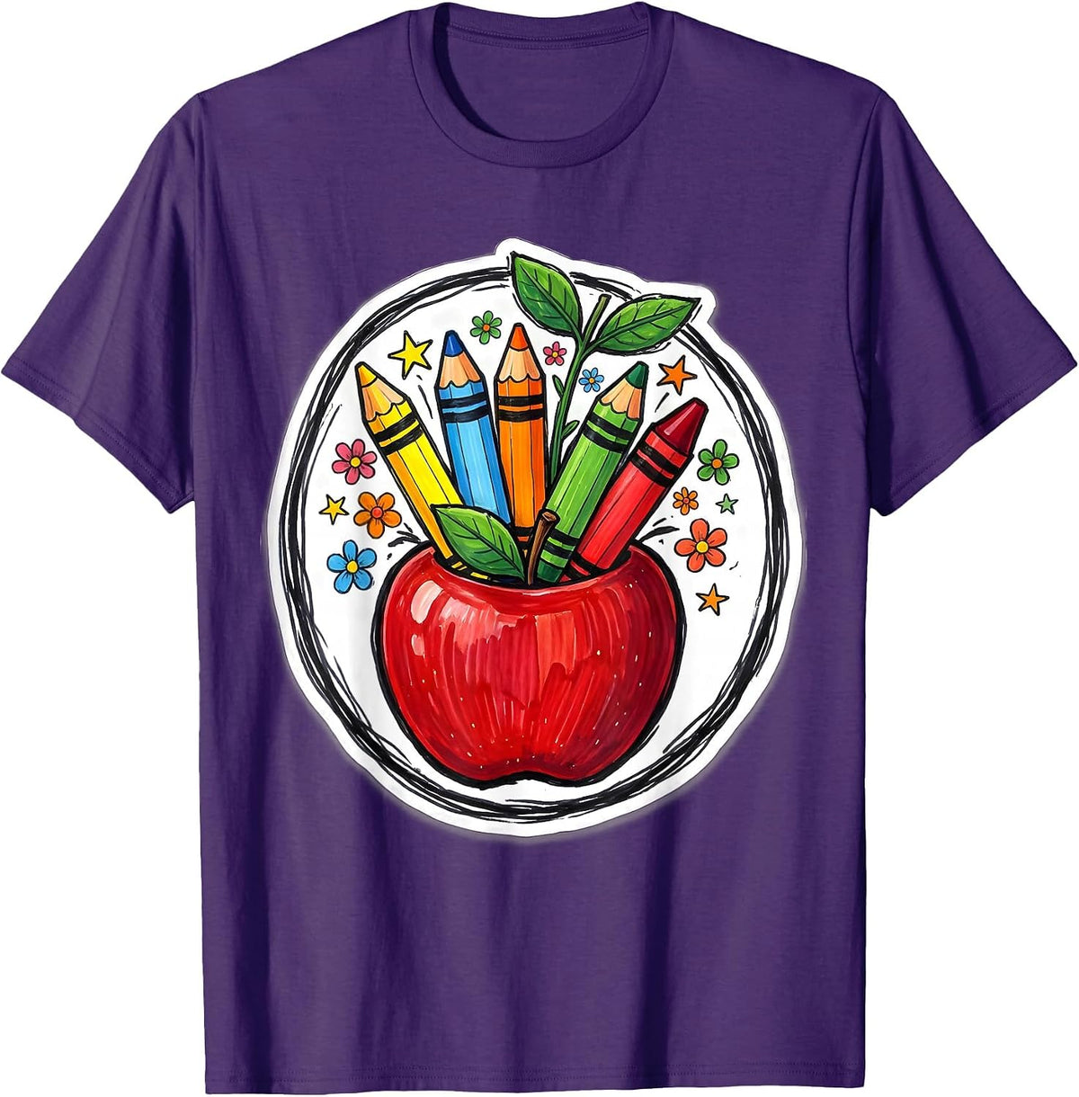 Men's Kindergarten Teacher Apple Crayon Pencil Design T-Shirt - Purple