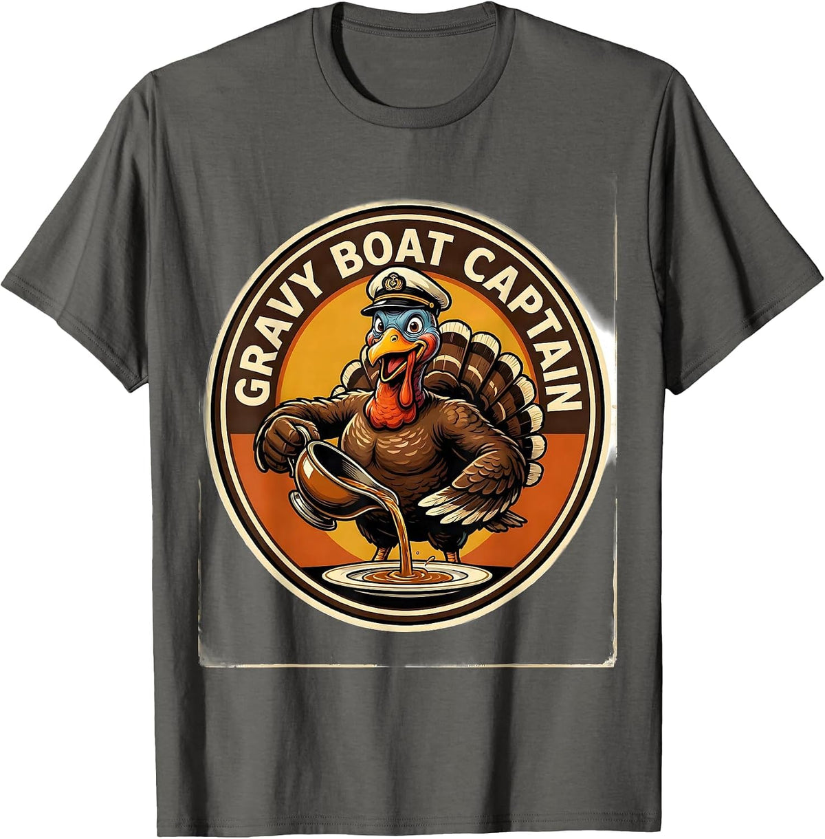 Men's Gravy Boat Captain Retro Thanksgiving Family Crew Turkey T-Shirt - Asphalt Grey