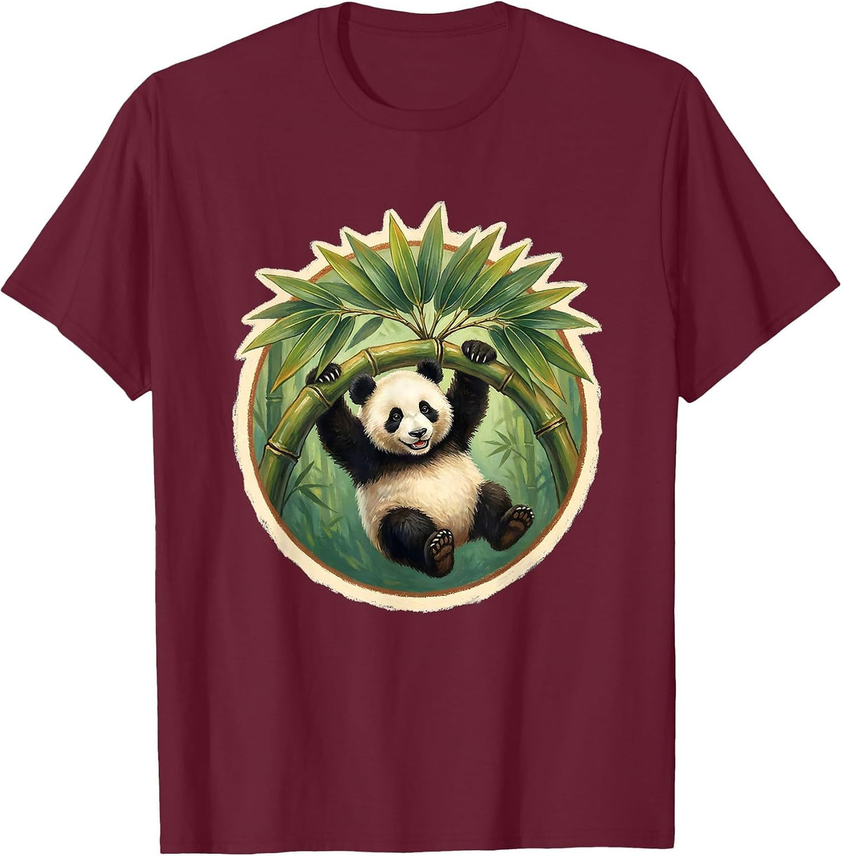 Men's Panda Hanging From Bamboo Branch Graphic T-Shirt - Burgundy