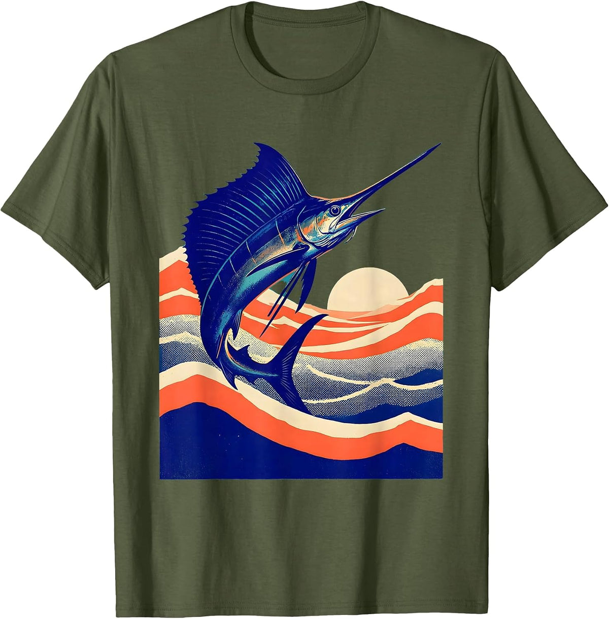 Sailfish Leaping Tropical Ocean Waves Caribbean T-Shirt - Olive Green