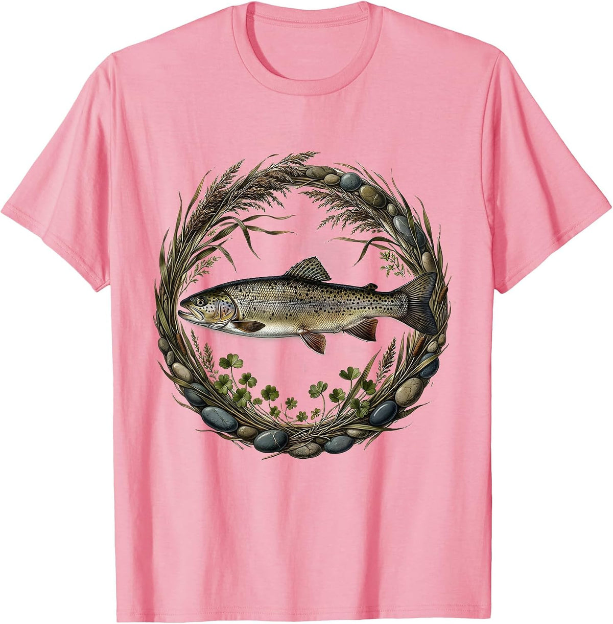 Men's Trout Swimming Upstream Rocky Waterfall Design T-Shirt - Pink