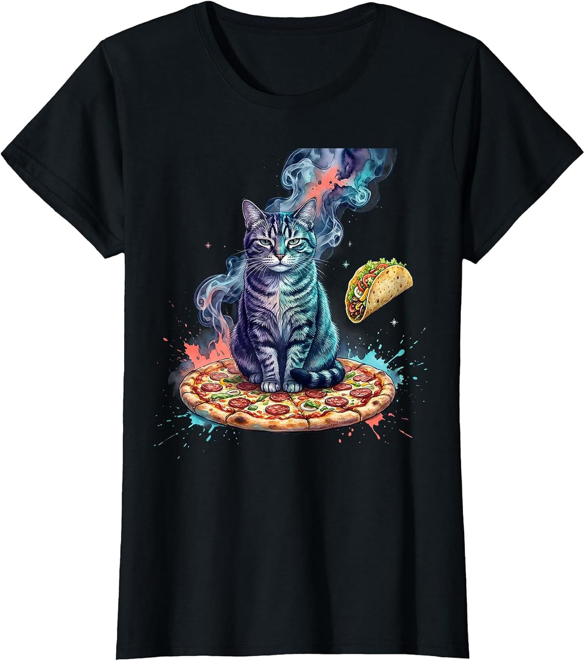 Unimpressed Cat on Pizza Space Meme Funny Gift T-Shirt - Black