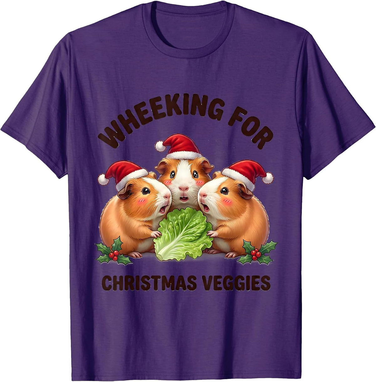 Wheeking For Christmas Veggies Cute Kawaii Guinea Pig Santa T-Shirt - Purple