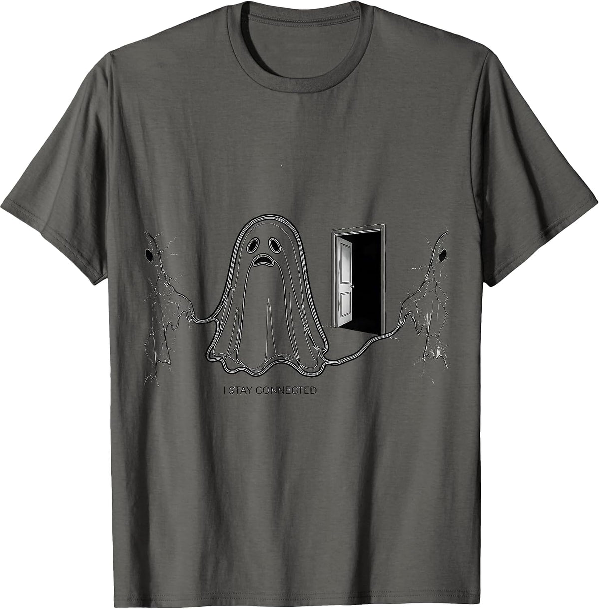 Men's I Stay Connected Supportive Humor Ghost Line Art Halloween T-Shirt - Asphalt Grey