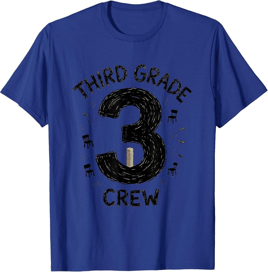 Third Grade Crew Hand-Sketched Teacher Humor Pride T-Shirt - Royal Blue