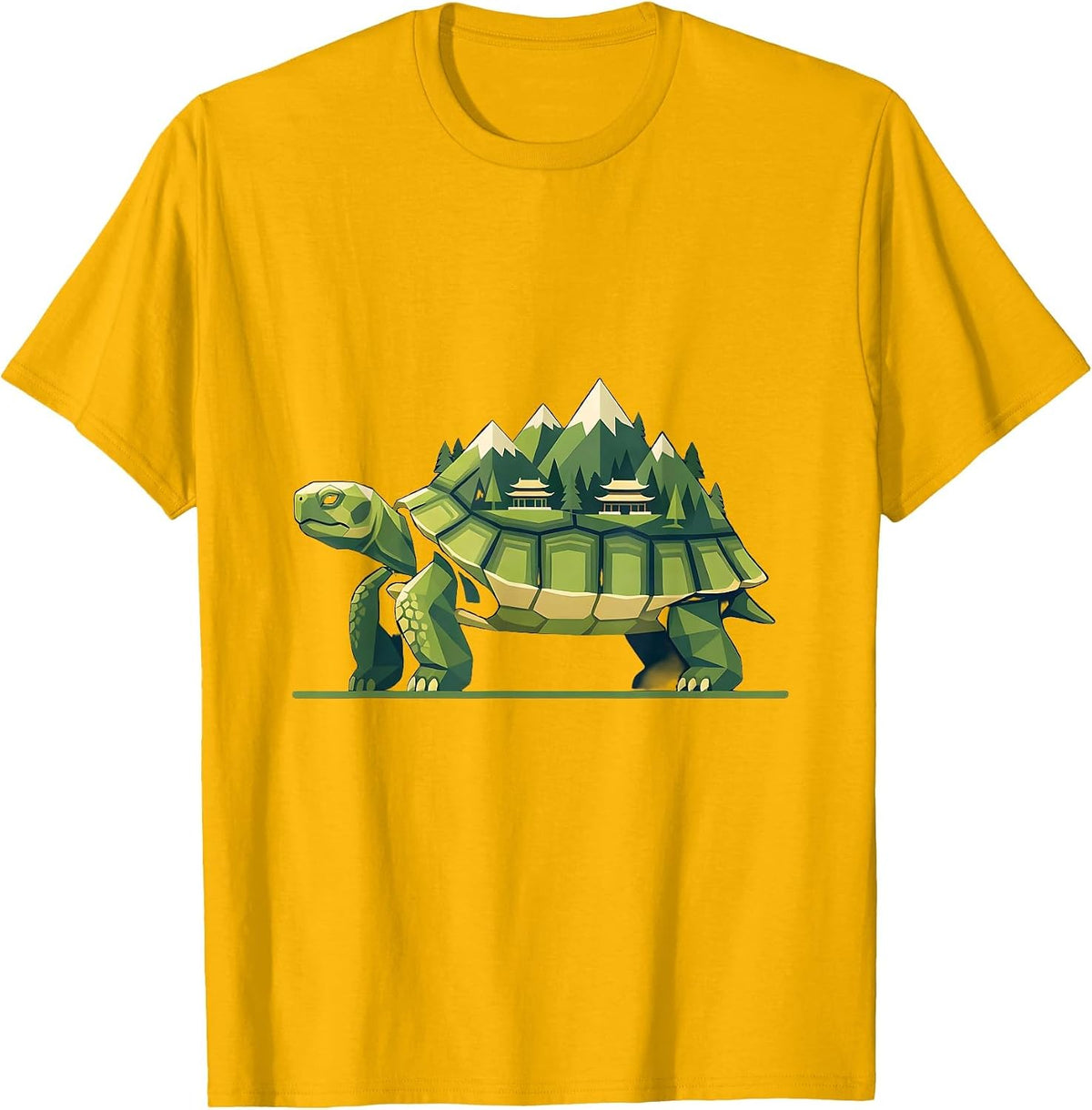 Tortoise Carrying a Miniature Village on Its Shell T-Shirt - Golden Yellow